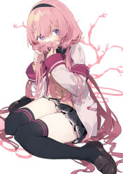 Rule 34 | 1girl, absurdres, black thighhighs, blush, covering own mouth, hair between eyes, hairband, highres, holding, holding hair, jacket, loafers, long hair, looking at viewer, low twintails, nijisanji, open clothes, open jacket, pink hair, purple eyes, school uniform, sh (shinh), shoes, simple background, sitting, solo, suo sango, suo sango (1st costume), thighhighs, thighs, twintails, very long hair, virtual youtuber, wariza, white background, white jacket, zettai ryouiki