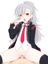 Rule 34 | 1boy, 1girl, asymmetrical bangs, bar censor, black gloves, black jacket, black thighhighs, blush, brown eyes, censored, choker, closers, collared shirt, cowgirl position, cum, cum in pussy, fingerless gloves, fiz (user vnav5222), food, gloves, grey hair, head tilt, hetero, highres, holding, holding food, jacket, long hair, long sleeves, looking at viewer, navel, no pants, open clothes, open jacket, penis, popsicle, pussy, red neckwear, sex, shirt, simple background, spread legs, straddling, thighhighs, tina (closers), tongue, tongue out, vaginal, very long hair, white background, white shirt, wing collar