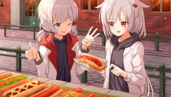 Rule 34 | 2girls, :d, ;d, ame., azur lane, black hoodie, blue eyes, blush, brick wall, building, commentary request, denver (azur lane), door, drawstring, food, grey hair, hair ornament, hairclip, hands up, holding, holding food, hood, hood down, hoodie, hot dog, jacket, long hair, long sleeves, low twintails, montpelier (azur lane), multiple girls, one eye closed, open clothes, open jacket, open mouth, outdoors, red eyes, short twintails, smile, snowing, star (symbol), star in eye, symbol in eye, thumbs up, twintails, upper body, very long hair, white jacket, window