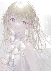 Rule 34 | 1girl, 1other, absurdres, bare shoulders, blonde hair, blush, brooch, choker, dress, flower, frilled choker, frills, hair rings, highres, holding, holding flower, jewelry, long hair, looking at viewer, msa (fary white), open mouth, original, out of frame, purple eyes, sleeveless, sleeveless dress, slit pupils, smile, solo focus, upper body, white background, white choker, white dress, white flower