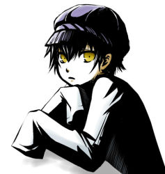 Rule 34 | 1girl, androgynous, atlus, cabbie hat, chayouko, female focus, hat, lab coat, monochrome, persona, persona 4, reverse trap, shadow (persona), shirogane naoto, short hair, solo, spot color, yellow eyes