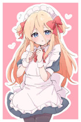 Rule 34 | 1girl, :o, apron, back bow, black pantyhose, blue dress, blue eyes, blush, border, bow, bowtie, commentary request, cowboy shot, dress, flying sweatdrops, hair between eyes, hands up, heart, highres, long hair, looking at viewer, maid, maid apron, maid headdress, mizukena (pokesun), open mouth, orange hair, original, outline, outside border, pantyhose, partial commentary, pink background, puffy short sleeves, puffy sleeves, red bow, red bowtie, short sleeves, sidelocks, sweatdrop, two side up, white border, white bow, white outline, white wrist cuffs, wrist cuffs