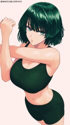 Rule 34 | 1girl, arm across chest, biker clothes, breasts, cleavage, commentary, cross-body stretch, english commentary, fubuki (one-punch man), green eyes, green hair, green shorts, green sports bra, highres, large breasts, looking at viewer, mostlybluewyatt, navel, one-punch man, short hair, shorts, simple background, solo, sports bra, twitter username, white background