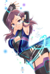 Rule 34 | 1girl, armpits, arms up, bare shoulders, belt, black belt, black bodysuit, black gloves, black thighhighs, blue jacket, blush, bodysuit, bracelet, breasts, brown hair, character name, cleavage, cleavage cutout, closed mouth, clothing cutout, covered navel, cowboy shot, dated, dot nose, earrings, elbow gloves, fingerless gloves, from side, garter straps, glasses, glint, gloves, grey-framed eyewear, hair ornament, hairclip, highres, idolmaster, idolmaster cinderella girls, idolmaster cinderella girls starlight stage, jacket, jewelry, kisekisaki, large breasts, long hair, looking at viewer, open hand, partially unzipped, purple eyes, semi-rimless eyewear, side slit, signature, sleeveless, sleeveless jacket, smile, solo, sparkle, standing, tailcoat, thighhighs, twitter username, under-rim eyewear, white background, yagami makino, zipper, zipper pull tab