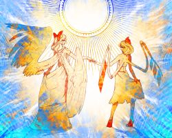 Rule 34 | 2girls, angel, angel wings, bad deviantart id, bad id, bare back, bow, dizmathik, dress, feathered wings, flandre scarlet, full body, gengetsu (touhou), hair bow, multiple girls, outstretched hand, red footwear, shoes, short hair, standing, sun, tattoo, touhou, touhou (pc-98), wings