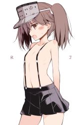 Rule 34 | 10s, 1girl, bad id, bad nicoseiga id, blush, brown eyes, brown hair, flat chest, highres, kantai collection, naked suspenders, navel, ohta yuichi, open mouth, ryuujou (kancolle), short hair, simple background, skirt, solo, suspenders, twintails, visor cap, white background