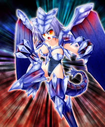 Rule 34 | 1girl, breasts, bunji, claws, collarbone, commentary request, dragon girl, dragon tail, duel monster, gungnir dragon of the ice barrier, headgear, ice, monster girl, personification, purple hair, red eyes, short hair, solo, tail, wings, yu-gi-oh!