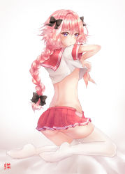Rule 34 | 1boy, ass, astolfo (fate), astolfo (sailor paladin) (fate), back, bad id, bad pixiv id, black bow, blush, bow, braid, clothes lift, crop top, fate/apocrypha, fate/grand order, fate (series), from side, full body, highres, kneeling, long hair, looking at viewer, looking back, male focus, miniskirt, nipples, official alternate costume, open clothes, open skirt, panties, pink hair, pink panties, pleated skirt, queencho, school uniform, serafuku, shirt lift, single braid, skirt, solo, thighhighs, trap, underwear, very long hair, white thighhighs