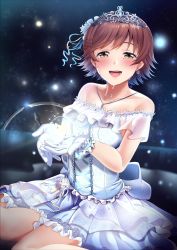 Rule 34 | 1girl, bare arms, bare shoulders, blush, breasts, brown eyes, brown hair, casino (casinoep), commentary request, dress, earrings, flower, frills, gloves, glowing, hair flower, hair ornament, highres, honda mio, idolmaster, idolmaster cinderella girls, jewelry, kneeling, looking at viewer, necklace, short hair, solo, tearing up, tears, white dress, white flower, white gloves
