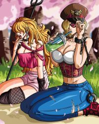 Rule 34 | 2girls, alternate costume, bare shoulders, breasts, choker, cleavage cutout, clothing cutout, cuffs, domino (one piece), female focus, hair over eyes, handcuffs, hat, highres, large breasts, midriff, multiple girls, navel, one piece, ornament, sadi-chan, solo, sunglasses, thick thighs, thighs, tongue, tongue out, weapon