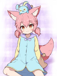 1girl :3 animal_ear_fluff animal_ears blue_dress blush brown_eyes character_request closed_mouth dress feet_out_of_frame fox_ears fox_girl fox_tail hair_between_eyes highres low_twintails maplestory nekono_rin on_head pink_hair short_twintails sitting smile tail twintails