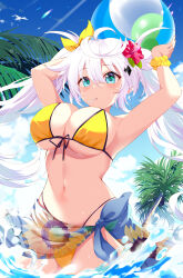 Rule 34 | 1girl, absurdres, ahoge, armpits, arms up, ball, bare shoulders, beachball, bikini, blue eyes, breasts, cleavage, day, flower, front-tie bikini top, front-tie top, hair flower, hair ornament, hair ribbon, highleg, highleg bikini, highres, holding, large breasts, long hair, looking at viewer, mouth hold, navel, original, outdoors, oywj, ribbon, sarong, scrunchie, solo, standing, stomach, string bikini, swimsuit, twintails, very long hair, wading, water, wet, white hair, wrist scrunchie, yellow bikini