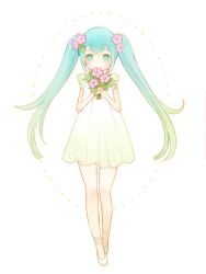 Rule 34 | 1girl, aqua eyes, aqua hair, ayu (mog), blue eyes, blue hair, bouquet, bright pupils, dress, flower, full body, gradient dress, gradient hair, green hair, hatsune miku, holding, holding flower, looking at viewer, multicolored hair, pink flower, shoes, short dress, solo, standing, twintails, vocaloid, white background, white dress, white footwear, white pupils
