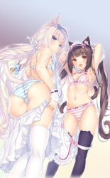 Rule 34 | 2girls, animal ear legwear, animal ears, apron, armpits, arms behind head, arms up, ass, bare shoulders, bell, black bow, black legwear, blue bow, blue eyes, blunt bangs, blush, bow, bow bra, bow panties, bowtie, bra, breasts, brown eyes, brown hair, cameltoe, cat ear legwear, cat ears, cat girl, cat tail, chocola (nekopara), closed mouth, collar, collarbone, commentary request, cowboy shot, eyelashes, frilled apron, frills, from behind, gradient background, groin, hair bow, hair ornament, hair ribbon, highres, jingle bell, jitome, kneepits, legs apart, linea alba, long hair, looking at viewer, looking back, low twintails, maid apron, maid headdress, midriff, miniskirt, mouth hold, multiple girls, navel, neck bell, nekopara, open mouth, panties, pink bow, pink neckwear, ribbon, sayori (neko works), shoulder blades, sidelocks, silver hair, skindentation, skirt, slit pupils, small breasts, smile, standing, stomach, striped bra, striped clothes, striped panties, tail, tail bell, tail ornament, thighhighs, thighs, twintails, underwear, undressing, vanilla (nekopara), very long hair, waist apron, white apron, white legwear, white ribbon, wrist cuffs