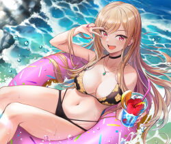 Rule 34 | 1girl, bikini, black bikini, black choker, blonde hair, blush, breasts, choker, cleavage, commentary, cup, floral print, holding, holding cup, innertube, jewelry, kitagawa marin, long hair, looking at viewer, medium breasts, navel, necklace, open mouth, pink innertube, red eyes, sitting, smile, solo, sono bisque doll wa koi wo suru, stomach, swept bangs, swim ring, swimsuit, tuna picture, v, water