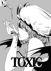 Rule 34 | 1girl, alcohol, alternate costume, bat wings, black dress, bottle, cover, cover page, dress, english text, greyscale, hand up, hat, licking, looking at viewer, looking to the side, miya9, mob cap, monochrome, pointy nose, pouring, profile, remilia scarlet, short hair, sideways glance, solo, spilling, strap slip, touhou, wings