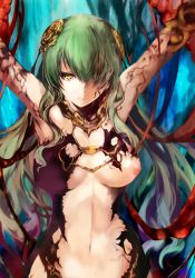 Rule 34 | 1girl, agulo, arms up, blue background, breasts, green hair, hair ornament, highres, hornet (rance), large breasts, long hair, looking at viewer, navel, nipples, rance (series), rance 10, restrained, solo, torn clothes, upper body, yellow eyes