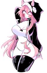 Rule 34 | black jacket, blush, bow, breasts, cleavage, colored skin, demon girl, demon horns, friday night funkin&#039;, highres, hood, horns, jacket, large breasts, leotard, long hair, looking at viewer, multicolored skin, open clothes, open jacket, pink hair, pink skin, sarvente (friday night funkin&#039;), smile, thick thighs, thighhighs, thighs, usa37107692, white eyes, white skin, wide hips