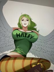 1girl bare_shoulders bird_girl breasts cleavage clothes_writing doduumon green_hair large_breasts licking_lips long_hair looking_at_viewer midriff monet_(one_piece) one_piece striped_clothes tank_top tongue tongue_out wings yellow_eyes