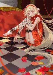 Rule 34 | 1girl, absurdly long hair, android, barefoot, blonde hair, brown eyes, checkered floor, chii, chobits, dress, empty picture frame, fishnets, hair tubes, haitu, headband, highres, leaf, long hair, looking at viewer, maple leaf, on floor, panties, pantyshot, picture frame, red dress, robot ears, sitting, solo, string, underwear, very long hair, white panties