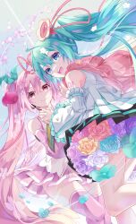 Rule 34 | 2girls, :d, bare legs, black skirt, blue eyes, blue flower, blue hair, cherry hair ornament, closed mouth, commentary request, detached sleeves, dual persona, floating hair, flower, food-themed hair ornament, hair between eyes, hair ornament, hatsune miku, highres, holding hands, long hair, long sleeves, looking at viewer, magical mirai miku, magical mirai miku (2021), miniskirt, multiple girls, open mouth, pink flower, pink hair, pink skirt, pink sleeves, pink thighhighs, pleated skirt, purple flower, red eyes, red ribbon, ribbon, sakura miku, shirt, skirt, sleeveless, sleeveless shirt, smile, sunlight, thighhighs, tyouya, very long hair, vocaloid, white flower, white shirt, white sleeves, yellow flower, zettai ryouiki