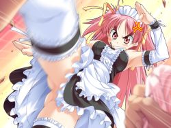 Rule 34 | 1girl, angry, armpits, blush, breasts, clenched teeth, elbow gloves, game cg, gloves, leg up, legs, long hair, maid, maid headdress, no panties, pink eyes, pink hair, simple background, small breasts, standing, takeya masami, te to te try on, teeth, thighs, twintails, white legwear