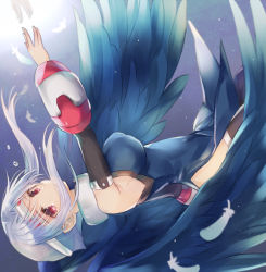 Rule 34 | 1girl, aquaplus, arm up, bare shoulders, black wings, breasts, cleavage, collar, cowboy shot, feathered wings, fingernails, from side, gradient eyes, hairband, large breasts, large wings, looking at viewer, lying, multicolored eyes, mutsumi (utawarerumono), on back, parted bangs, parted lips, red eyes, short hair with long locks, sideboob, sidelocks, silver hair, sleeveless, solo, thighhighs, thighs, utawarerumono, wings, yami nabe23