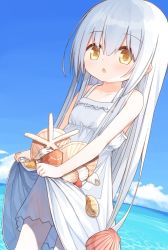 Rule 34 | 1girl, bare arms, bare shoulders, blue sky, blush, brown eyes, bunny girl (yuuhagi (amaretto-no-natsu)), cloud, commentary request, conch, day, dress, hair between eyes, horizon, long hair, looking at viewer, ocean, original, outdoors, parted lips, seashell, shell, silver hair, skirt basket, skirt hold, sky, sleeveless, sleeveless dress, solo, standing, starfish, very long hair, water, white dress, yuuhagi (amaretto-no-natsu)