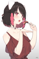 Rule 34 | 1girl, absurdres, artist name, black hair, choker, cloba, collarbone, colored inner hair, food, fork, gradient background, grey background, half updo, highres, holding, holding fork, looking at viewer, multicolored hair, open mouth, original, red eyes, red hair, saliva, saliva trail, short hair, solo, two-tone hair, white background, white choker