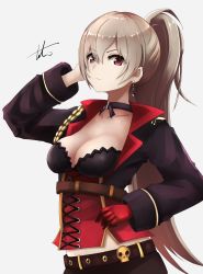 Rule 34 | alternate breast size, anchor symbol, azur lane, belt, black shorts, breasts, choker, cleavage, closed mouth, collarbone, cowboy shot, earrings, gloves, gold trim, grey background, hair between eyes, half gloves, hand on own head, hand to own head, highres, jacket, jean bart (azur lane), jewelry, long sleeves, looking at viewer, medium breasts, ponytail, puffy long sleeves, puffy sleeves, short shorts, shorts, sidelocks, signature, simple background, single glove, skull, solo, tosaka (tosaka0001)