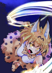 Rule 34 | 10s, 1girl, animal ears, bare shoulders, battle, blonde hair, bow, bowtie, breasts, claws, elbow gloves, fang, fighting, gloves, glowing, highres, kemono friends, large breasts, light trail, looking at viewer, motion blur, musupon214, night, open mouth, serval (kemono friends), serval print, short hair, slashing, solo, thighhighs, yellow eyes