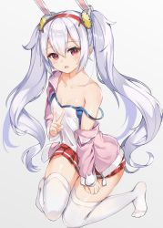 Rule 34 | 1girl, :o, animal ears, azur lane, bare shoulders, breasts, camisole, collarbone, fake animal ears, gradient background, grey background, hair between eyes, hair ornament, hairband, jacket, laffey (azur lane), long hair, long sleeves, looking at viewer, miniskirt, no shoes, noboru (kamine204136), off shoulder, open clothes, open jacket, open mouth, pink jacket, pleated skirt, rabbit ears, rabbit hair ornament, red eyes, red skirt, shirt, sidelocks, silver hair, simple background, skirt, sleeveless, sleeveless shirt, small breasts, solo, strap slip, thighhighs, twintails, v, very long hair, white shirt, white thighhighs, zettai ryouiki, zipper pull tab