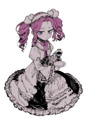 Rule 34 | 1girl, black dress, blue eyes, blush, bow, bowtie, circle skirt, cup, dress, frilled skirt, frilled sleeves, frills, gothic lolita, hairband, half-closed eyes, highres, holding, holding cup, holding saucer, jitome, juliet sleeves, llll nnmn, lolita fashion, lolita hairband, long sleeves, looking at viewer, multicolored clothes, multicolored dress, parted lips, pink bow, pink bowtie, pink hair, puffy sleeves, raised eyebrows, saucer, shikoku metan, sidelocks, simple background, sitting, skirt, solo, teacup, voiceroid, white background, white dress, wide sleeves