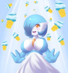 Rule 34 | 1girl, alternate color, blue hair, blush, breasts, cleavage, creatures (company), crying, food, food focus, game freak, gardevoir, gen 3 pokemon, hair over one eye, ice cream, ice cream cone, jcdr, large breasts, lucy (jcdr), nintendo, no humans, one eye covered, open mouth, orange eyes, pokemon, pokemon (creature), shiny pokemon, short hair, smile, solo, sunlight, tears