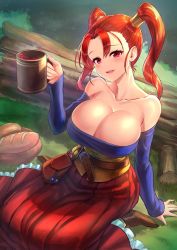 Rule 34 | 1girl, :d, bare shoulders, belt, belt buckle, blush, boots, bread, breasts, brown footwear, buckle, cleavage, collarbone, corset, cup, day, detached sleeves, dragon quest, dragon quest viii, drink, food, frilled skirt, frills, grass, holding mug, huge breasts, jessica albert, loaf of bread, log, long skirt, long sleeves, looking at viewer, mug, on grass, on ground, open mouth, orange hair, outdoors, pouch, red eyes, red skirt, seiza, sitting, skirt, smile, solo, strapless, tree, twintails, twintails day, wariza, yapo (croquis side)