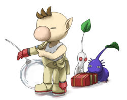 Rule 34 | 1boy, backpack, bag, big nose, black eyes, brown hair, closed eyes, colored skin, commentary request, dressing, full body, gloves, helmet, leaf, naru (wish field), nintendo, no mouth, olimar, patch, pikmin (creature), pikmin (series), pointy ears, purple hair, purple pikmin, purple skin, radio antenna, red bag, red eyes, red gloves, shadow, short hair, simple background, single bare arm, single bare shoulder, solid circle eyes, space helmet, spacesuit, tank top, very short hair, white background, white pikmin, white skin, white tank top