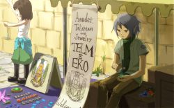 Rule 34 | 1boy, 1girl, amulet, black eyes, black footwear, blue gemstone, blue hair, boots, box, brick wall, brown hair, brown pants, cobblestone, commentary request, english text, feet out of frame, full body, gem, green shirt, jewelry, kijima (amayadori-tei), market stall, necklace, open mouth, outdoors, pants, pixiv fantasia, pixiv fantasia sword regalia, pointy ears, red gemstone, shirt, short hair, short sleeves, sitting, smile, standing, tank top, white tank top