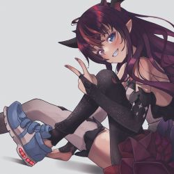 Rule 34 | asymmetrical legwear, black pantyhose, blue eyes, blue footwear, breasts, commentary, english commentary, hair behind ear, heterochromia, highres, hololive, hololive english, horns, irys (hololive), kiirokuma, looking at viewer, mismatched legwear, nail polish, pantyhose, pointy ears, purple eyes, purple hair, purple skirt, shoes, skirt, small breasts, smile, sneakers, solo, thighhighs, v, velcro, velcro footwear, virtual youtuber, white thighhighs