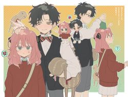 Rule 34 | 1boy, 1girl, ?, aged up, anger vein, anya (spy x family), black hair, blush, closed mouth, damian desmond, green eyes, hairpods, height difference, highres, holding hands, kawama rei, parted bangs, parted lips, pink hair, spoken anger vein, spy x family, stuffed toy, twitter username, yellow eyes