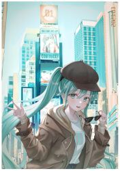 Rule 34 | 1girl, absurdres, alternate costume, aqua eyes, aqua hair, brown hat, brown jacket, building, cabbie hat, casual, city, commentary, dated, hair between eyes, hat, hatsune miku, highres, holding, holding removed eyewear, jacket, kagamine rin, leaning forward, long hair, long sleeves, looking at viewer, magical mirai (vocaloid), magical mirai miku, magical mirai miku (2021), monitor, n 77z, open clothes, open jacket, open mouth, skyscraper, smile, solo, sunglasses, twintails, unworn eyewear, v, very long hair, vocaloid
