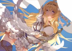 Rule 34 | 1girl, ahoge, armor, armored boots, bare shoulders, blonde hair, blue eyes, boots, breasts, dress, flag, full body, gloves, granblue fantasy, hair ornament, holding, holding sword, holding weapon, jeanne d&#039;arc (granblue fantasy), long hair, medium breasts, nido celisius, open mouth, petals, polearm, single glove, sleeveless, sleeveless dress, solo, sword, thigh boots, thighhighs, torn clothes, torn dress, weapon, white dress