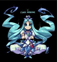 Rule 34 | 1girl, black background, blue bow, blue eyes, blue footwear, blue hair, blue neckwear, blue skirt, bow, brooch, character name, choker, closed mouth, crossed arms, cure marine, earrings, flower earrings, full body, hair ornament, heart, heart brooch, heart hair ornament, heartcatch precure!, jewelry, kurumi erika, long hair, looking at viewer, precure, puffy sleeves, senmu (0107), shoes, simple background, skirt, smile, solo, squatting, thighhighs, twintails, wavy hair, white thighhighs, wrist cuffs, zettai ryouiki