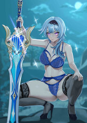 Rule 34 | 1girl, absurdres, alternate costume, bare shoulders, black footwear, blue bra, blue hair, blue panties, blurry, blurry background, bow, bow panties, bra, breasts, closed mouth, cloud, commentary, commission, english commentary, eula (genshin impact), eyelashes, foreshortening, garter belt, genshin impact, glint, groin tendon, hairband, high heels, highres, holding, holding sword, holding weapon, large breasts, lingerie, looking at viewer, moon, navel, nia (nia4294), night, night sky, outdoors, panties, purple eyes, sky, solo, sparkle, spread legs, squatting, sword, thick thighs, thighhighs, thighs, tree, underwear, underwear only, v-shaped eyebrows, weapon