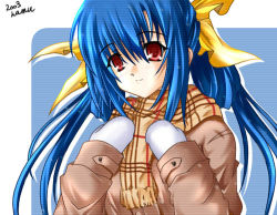 Rule 34 | arc system works, blue hair, dizzy (guilty gear), guilty gear, hamu (moeyobaka), lowres, mittens, red eyes, scarf, solo, split mouth, white mittens, winter