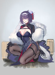 Rule 34 | 1girl, azur lane, black gloves, black pantyhose, breasts, cleavage, dress, echj, gloucester (azur lane), gloucester (brilliance in purple) (azur lane), gloves, highres, large breasts, official alternate costume, open mouth, orange eyes, pantyhose, purple hair, short hair, simple background, sitting, smile, solo, thigh strap