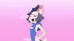 Rule 34 | animal ears, animated, animated gif, artist name, black hair, blonde hair, blue leotard, breasts, cleavage, cleavage cutout, clothing cutout, evilfrap, fang, halftone, halftone background, highleg, highleg leotard, highres, laughing, leotard, looping animation, multicolored hair, navel, open mouth, original, small breasts, smile, split-color hair, tail, two-tone hair, upper body