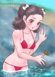 Rule 34 | 1girl, bikini, black hair, bow, breasts, brown eyes, collarbone, commentary request, commission, cowboy shot, crab, dated, hair bow, highres, kamen rider, kamen rider stronger (series), lips, long hair, misaki yuriko, munyako, navel, pixiv commission, red bikini, rock, small breasts, solo, swimsuit, twintails, twitter username, wading, water, white bow