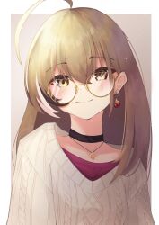 Rule 34 | 1girl, absurdres, ahoge, alternate costume, berry, black choker, brown eyes, brown hair, brown sweater, choker, earrings, food-themed earrings, glasses, hair between eyes, highres, holocouncil, hololive, hololive english, jewelry, long hair, looking at viewer, mr cookiew, multicolored hair, nanashi mumei, necklace, official alternate costume, sidelocks, simple background, smile, solo, streaked hair, sweater, virtual youtuber
