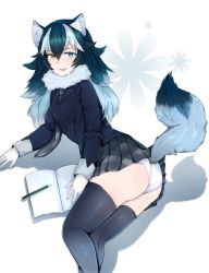 Rule 34 | 10s, 1girl, ancolatte (onikuanco), animal ears, black hair, black thighhighs, blue eyes, blush, book, breasts, fang, fur collar, gloves, grey wolf (kemono friends), heterochromia, highres, kemono friends, long hair, long sleeves, looking at viewer, lying, medium breasts, multicolored hair, necktie, on side, open book, open mouth, panties, pencil, silver hair, skirt, smile, solo, tail, thighhighs, two-tone hair, underwear, white panties, wolf ears, wolf tail, yellow eyes