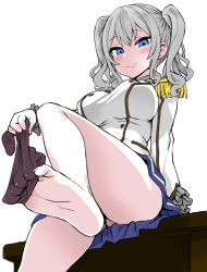 Rule 34 | 10s, 1girl, asanagi, ass, barefoot, between toes, blush, breasts, colorized, convenient leg, epaulettes, feet, female focus, foreshortening, kantai collection, kashima (kancolle), large breasts, miniskirt, no headwear, no headwear, partially colored, foot focus, simple background, sitting, skirt, smile, sock dangle, sock pull, soles, solo, thighhighs, toes, tsurime, twintails, undressing, white background